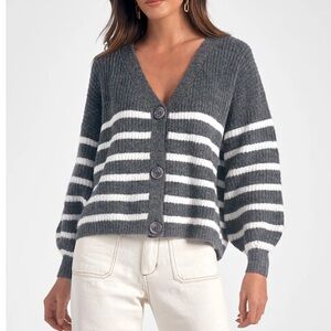 NWT Elan Gray and White Striped V-Neck Cardigan Size Medium